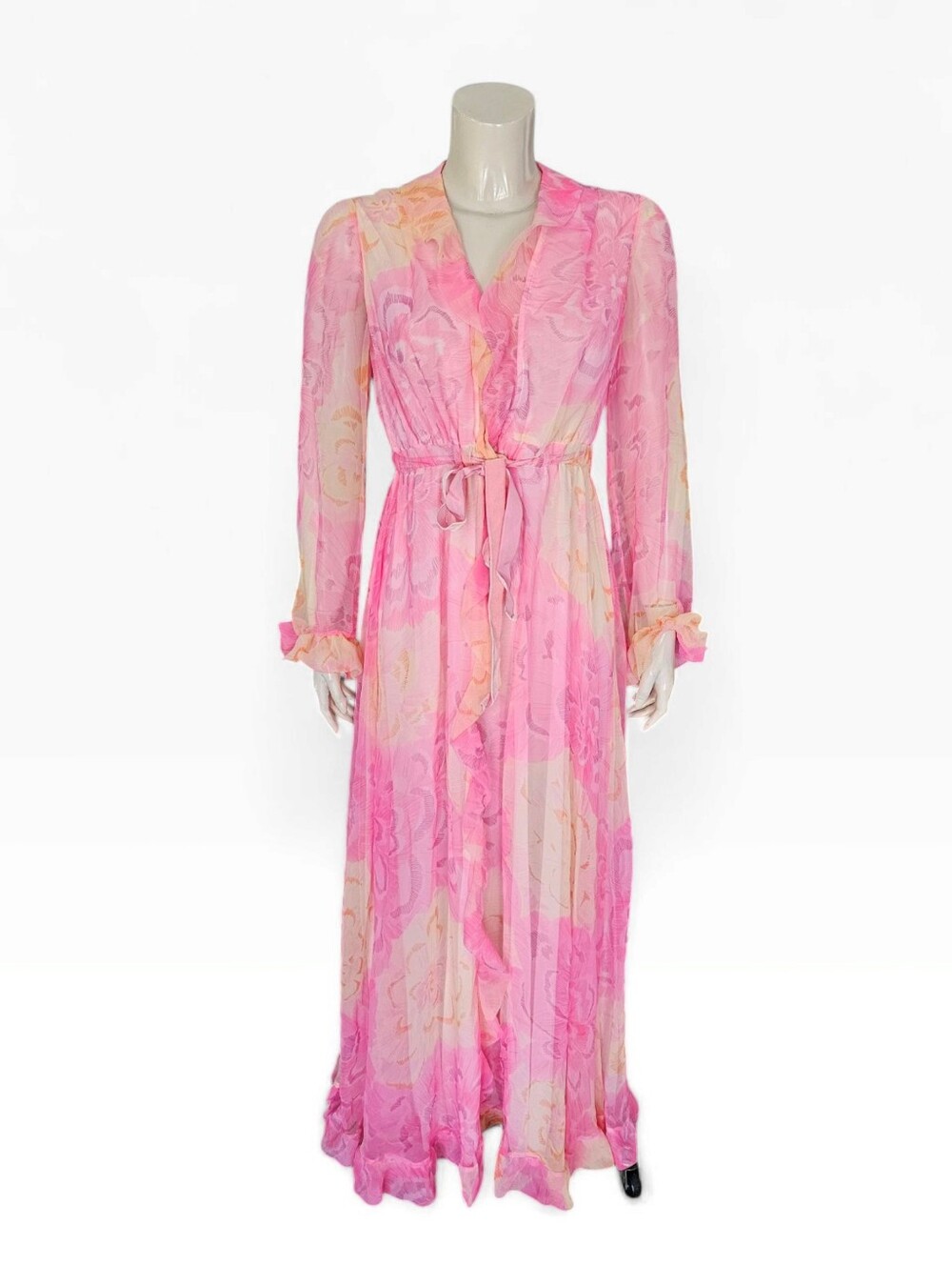 Vtg 70s ODETTE BARSA Pink Chiffon Hostess Gown Sheer Peignoir Maxi Robe S/M